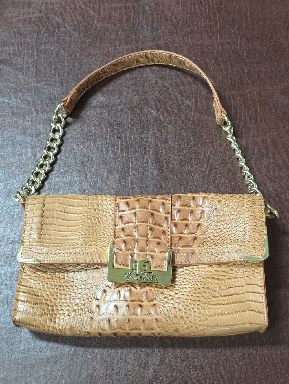New Marc Fisher Tan Croc-Textured Shoulder Bag with Gold Chain Hardware Purse